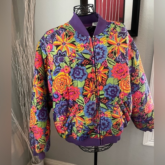 Vintage Floral Bomber Jacket 90s Sz M Silk Kriss Kross NOS R9 - Picture 1 of 8